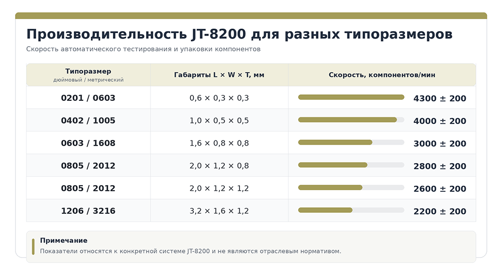 Таблица производительности JT-8200 для разных типоразмеров