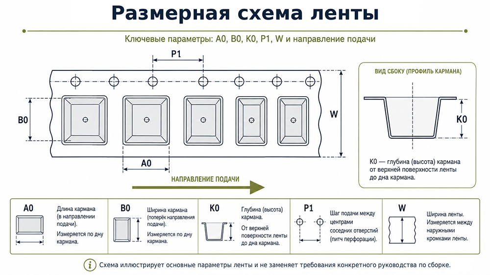 Размерная схема компонентной ленты: A0, B0, K0, P1, W и направление подачи