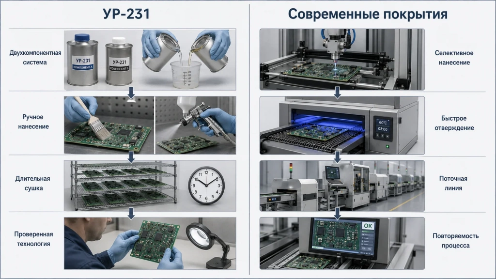 Сравнительная схема УР-231 и современных влагозащитных покрытий
